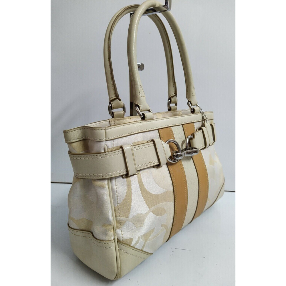 Coach Hampton Signature Cream White Canvas Stripe Zipper Satchel Shoulder Bag - Picture 3 of 12